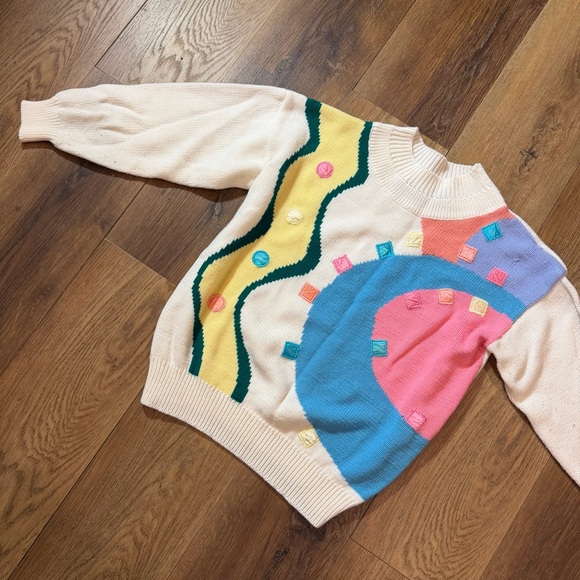 Vintage Sweaters - Vintage Korean Sweater Vintage Geometric Cream Mock Neck Knit Sweater 80’s 90’s